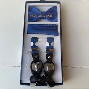 Blue Bow Tie Suspenders Pocket Square Set Vesuvio Napoli  Extra Long 48" Button